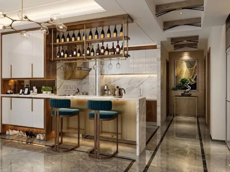 Home bar counter with wine display shelving and teal bar stools
