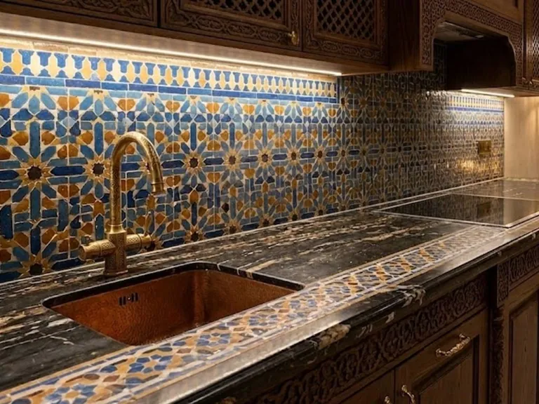 Dark marble countertop with copper sink and Moroccan tile splashback