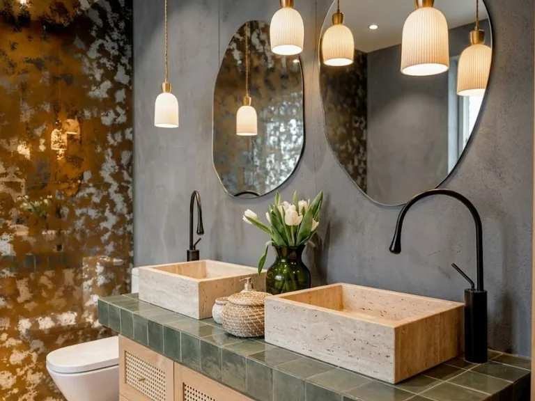 Powder room vanity with twin travertine basins and organic mirrors