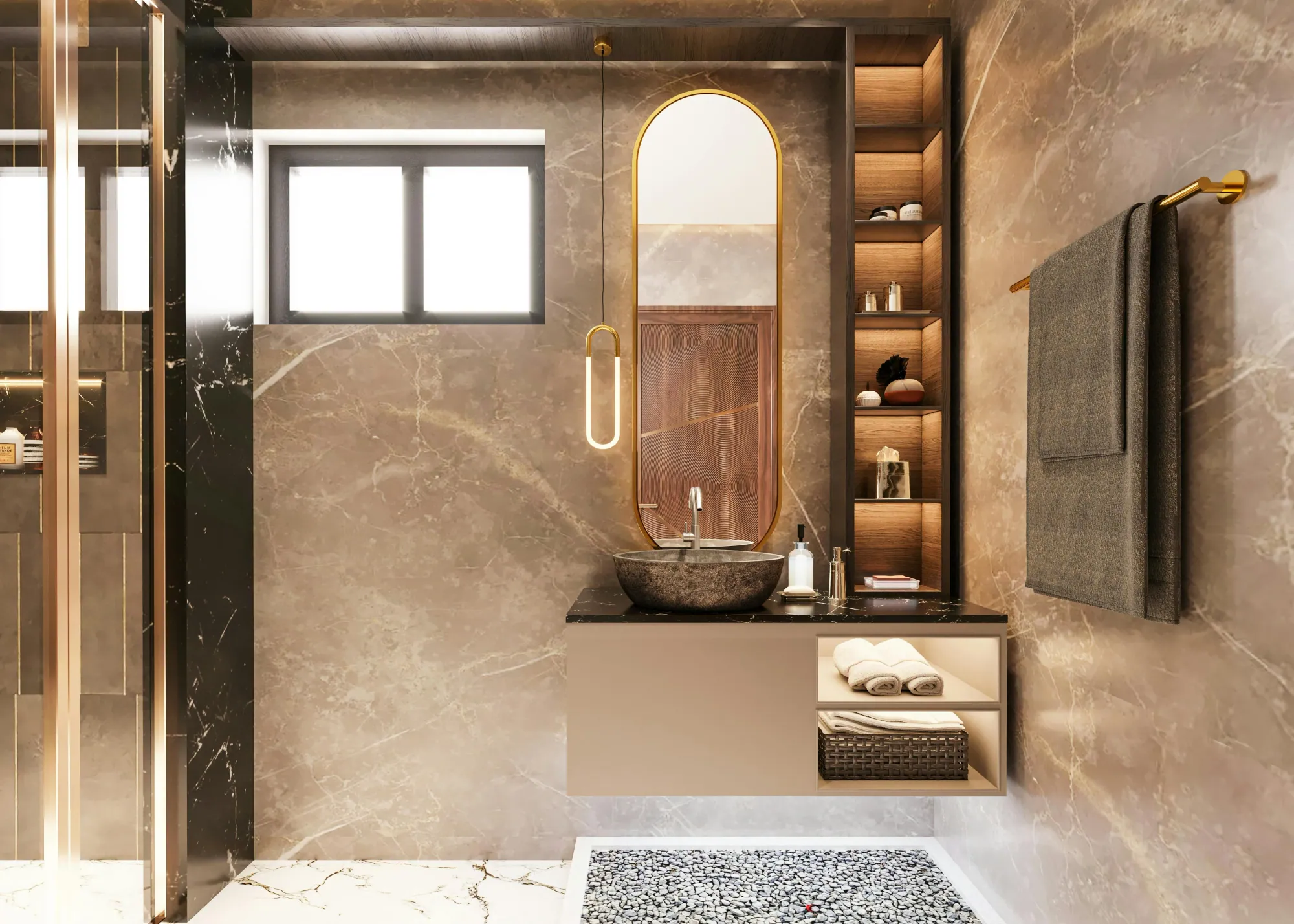 Floating bathroom vanity with stone basin, arched mirror and lit niches