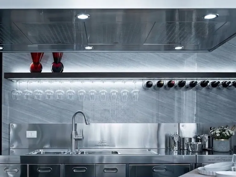 Stainless steel wet bar with glass rack and wine storage