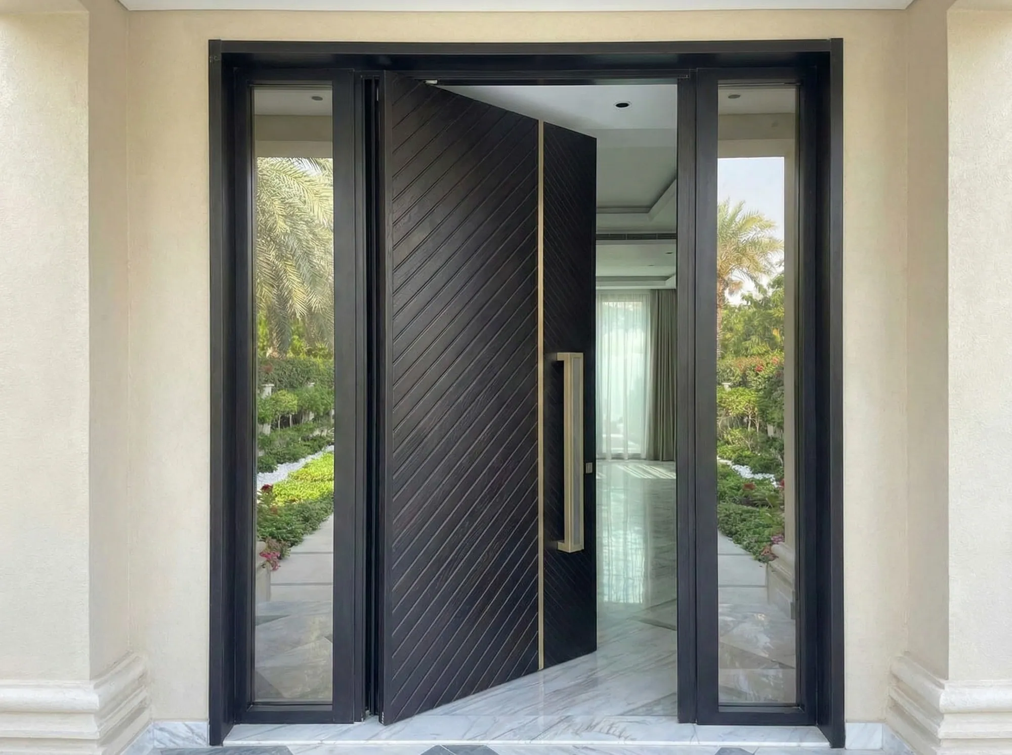 Black pivot entrance door with diagonal grooves and glass sidelights