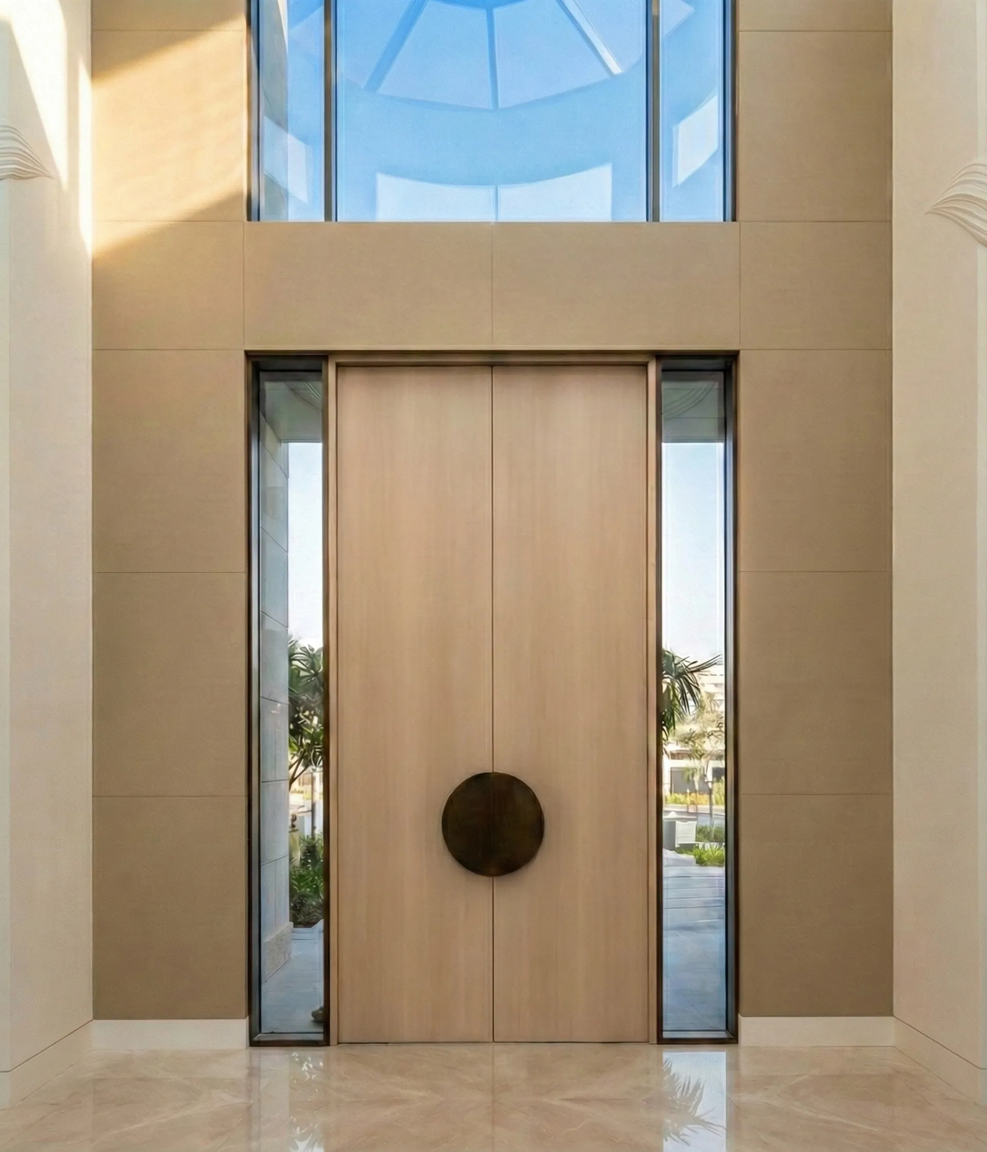 Light oak double entrance door with round bronze pull
