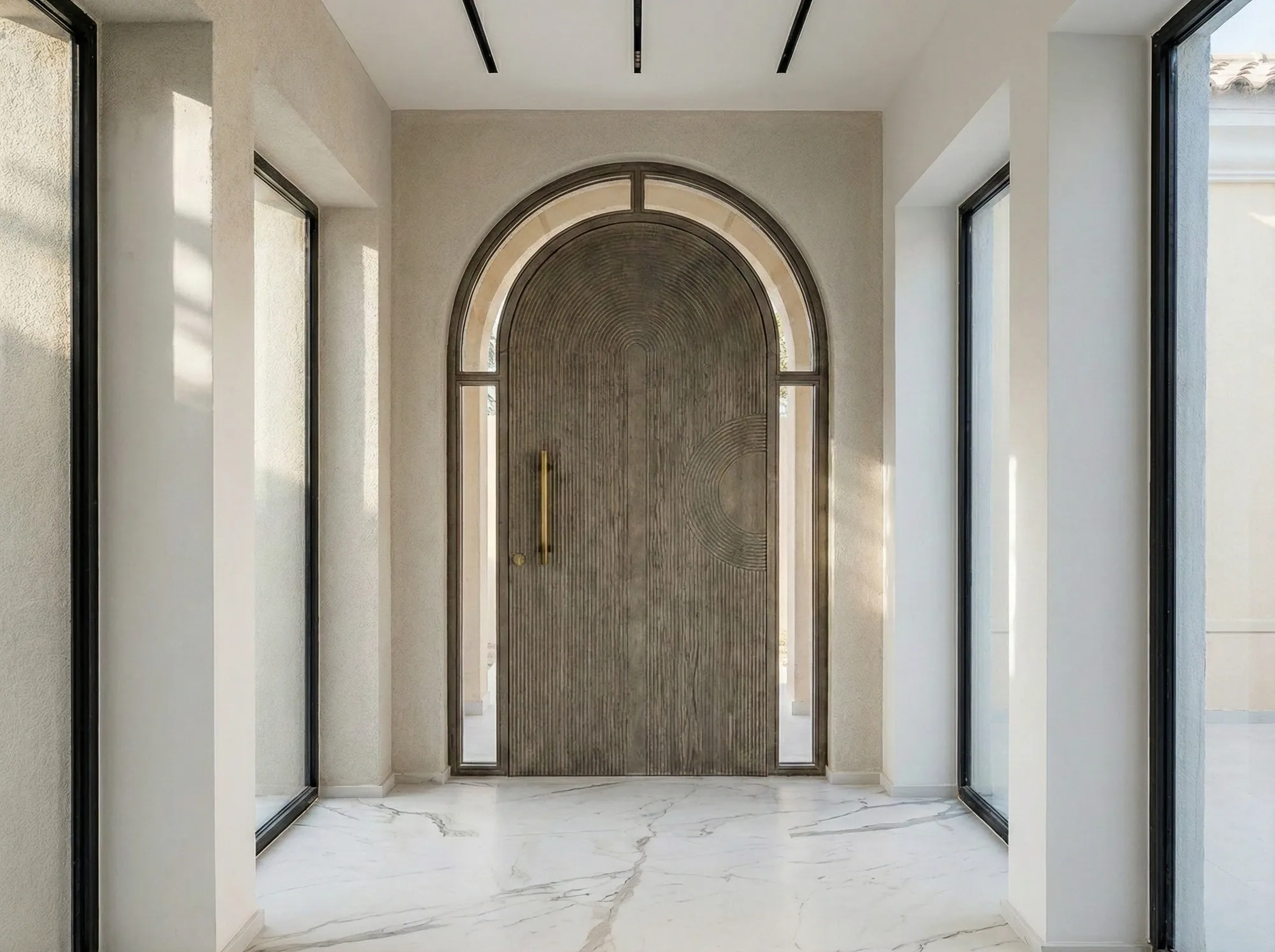 Arched textured entrance door with brass pull handle