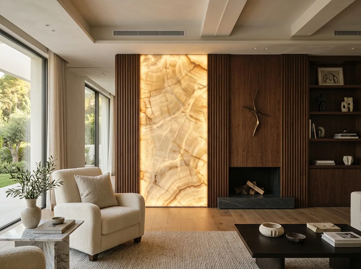 Backlit onyx feature wall beside a walnut fireplace wall