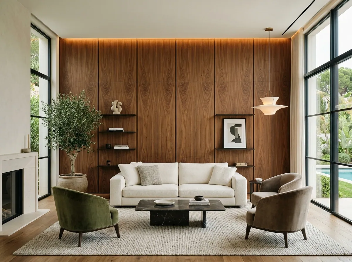 Bookmatched walnut veneer feature wall in a living room
