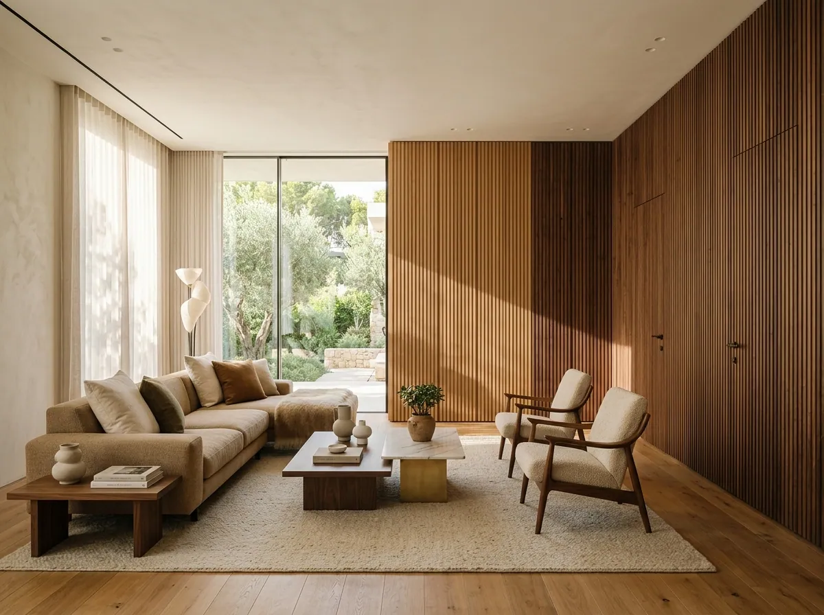 Fluted walnut panel wall in a light-filled living room