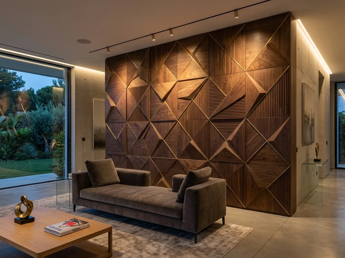 Sculpted geometric walnut feature wall behind a sofa