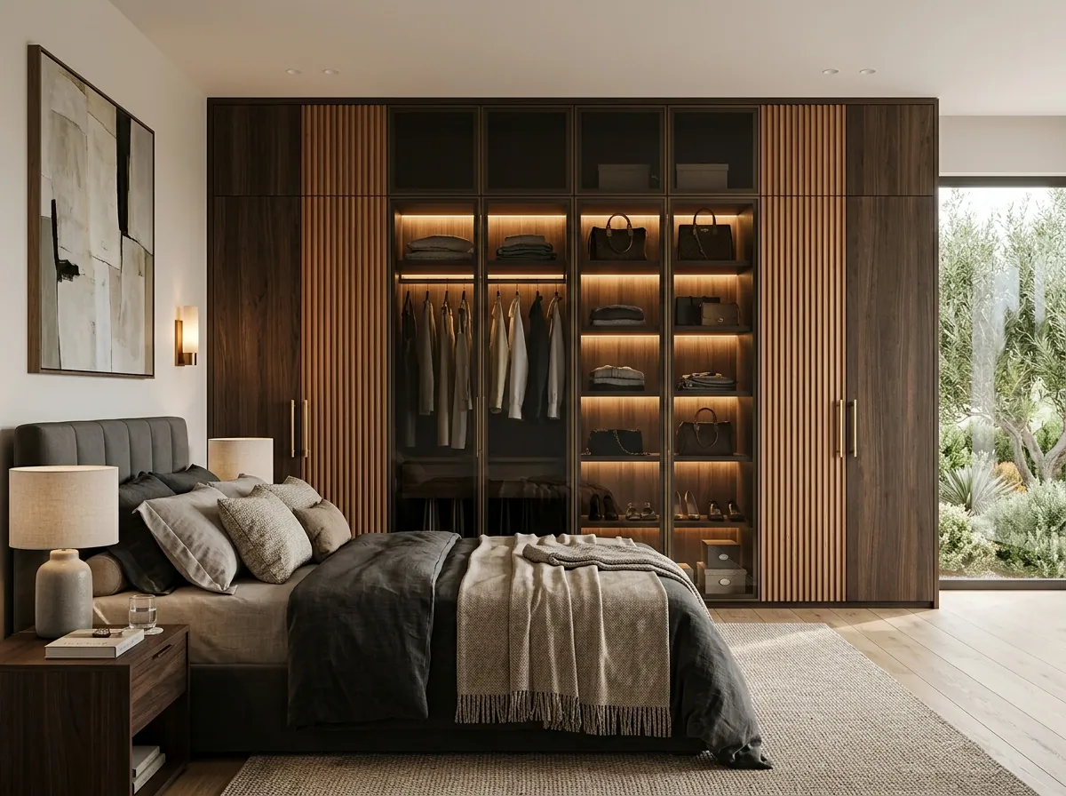 Bedroom feature wall with integrated lit wardrobe and fluted panels