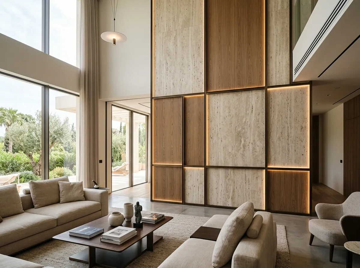 Double-height travertine and timber feature wall with backlit panels