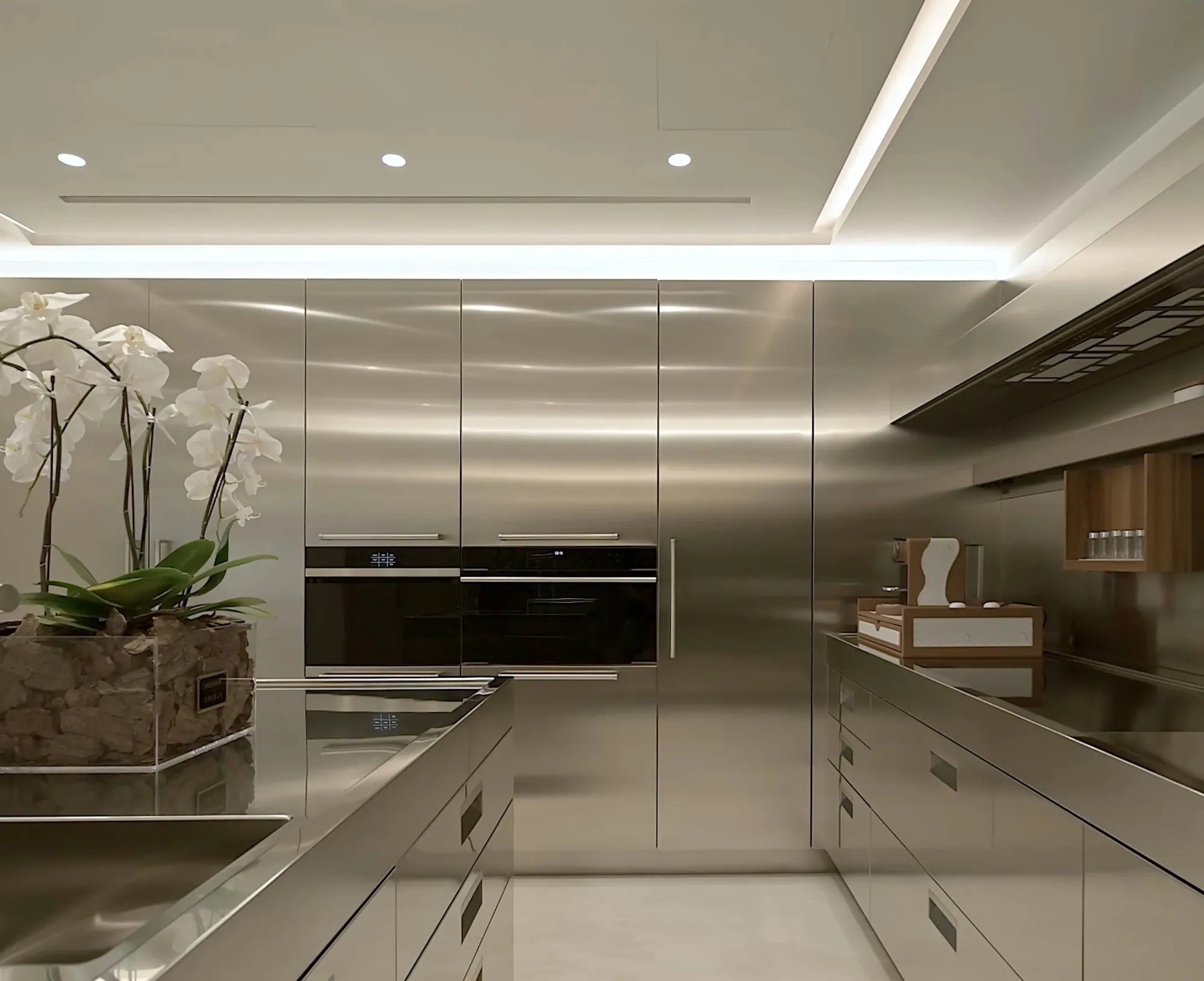 Stainless steel kitchen with built-in ovens and cove lighting