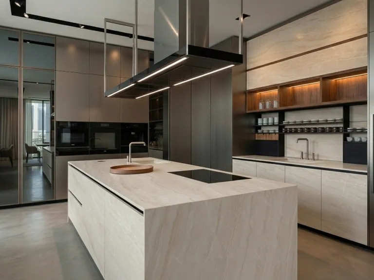 Marble-look kitchen island with ceiling-hung extractor and walnut shelving