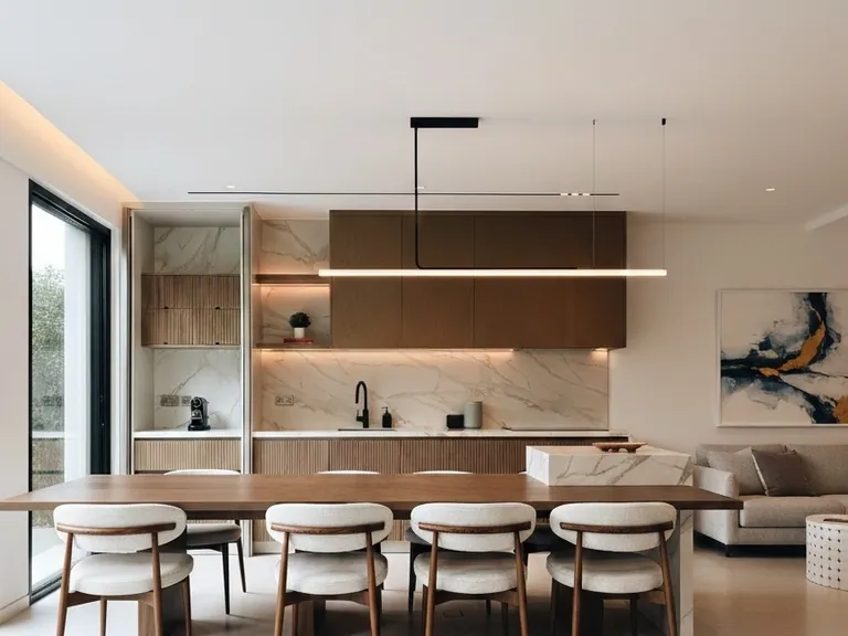 Open-plan kitchen with marble splashback, walnut cabinets and dining table