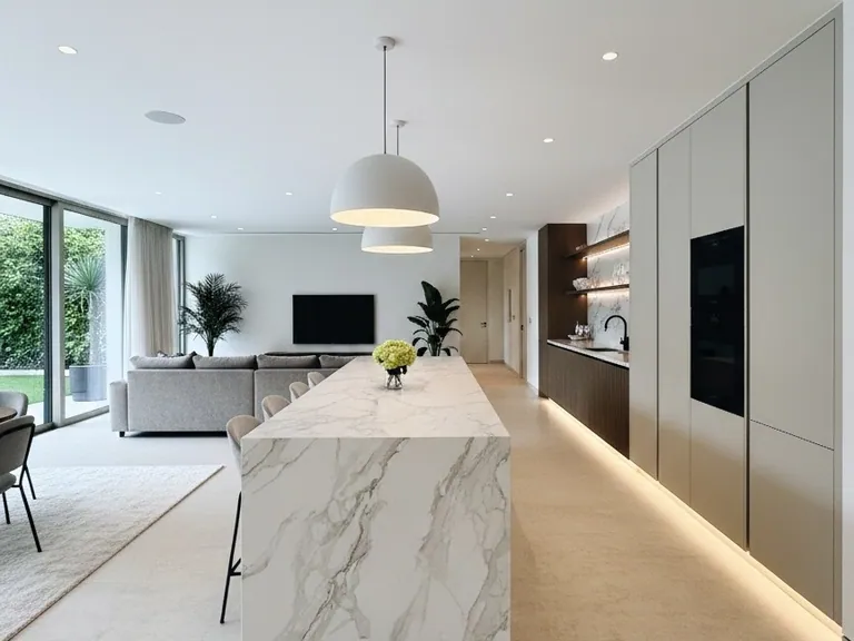 White marble waterfall island in an open-plan villa kitchen