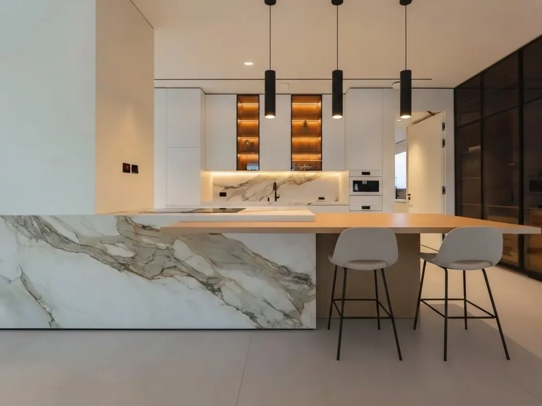 Marble waterfall island with timber breakfast bar and pendant lights