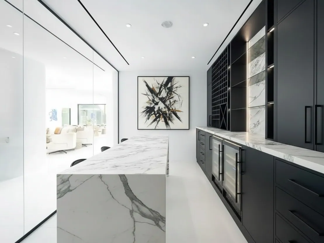 Galley kitchen with marble island and black tall cabinets