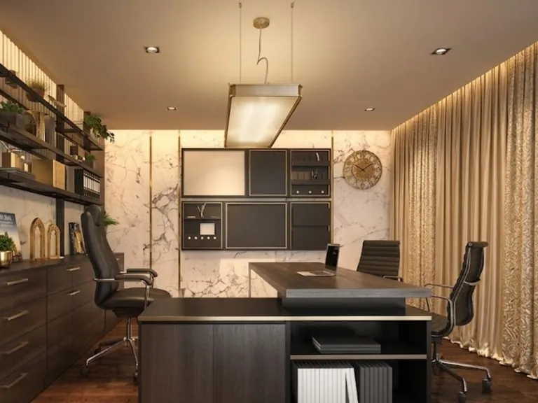 Dark wood executive desk with wall storage and marble backdrop