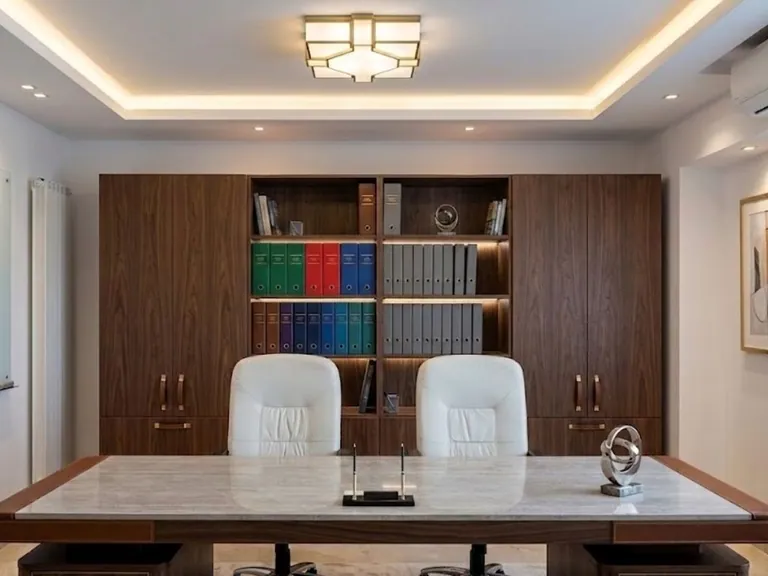 Walnut filing cabinets and bookshelves behind a marble-topped desk