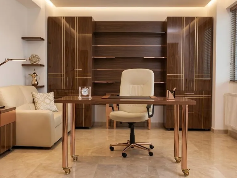 Walnut storage wall with brass inlay behind a home office desk