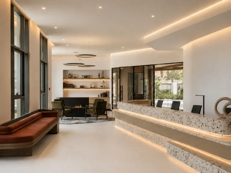 Terrazzo reception desk with backlit base in a hotel lobby