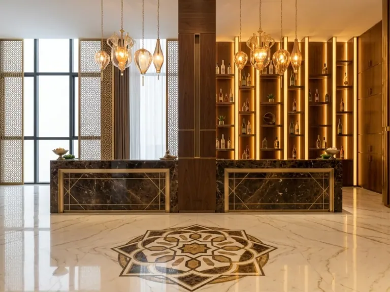 Marble and brass hotel reception desks with lit display shelving