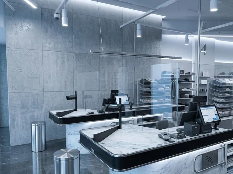 Marble retail counters with checkout stations