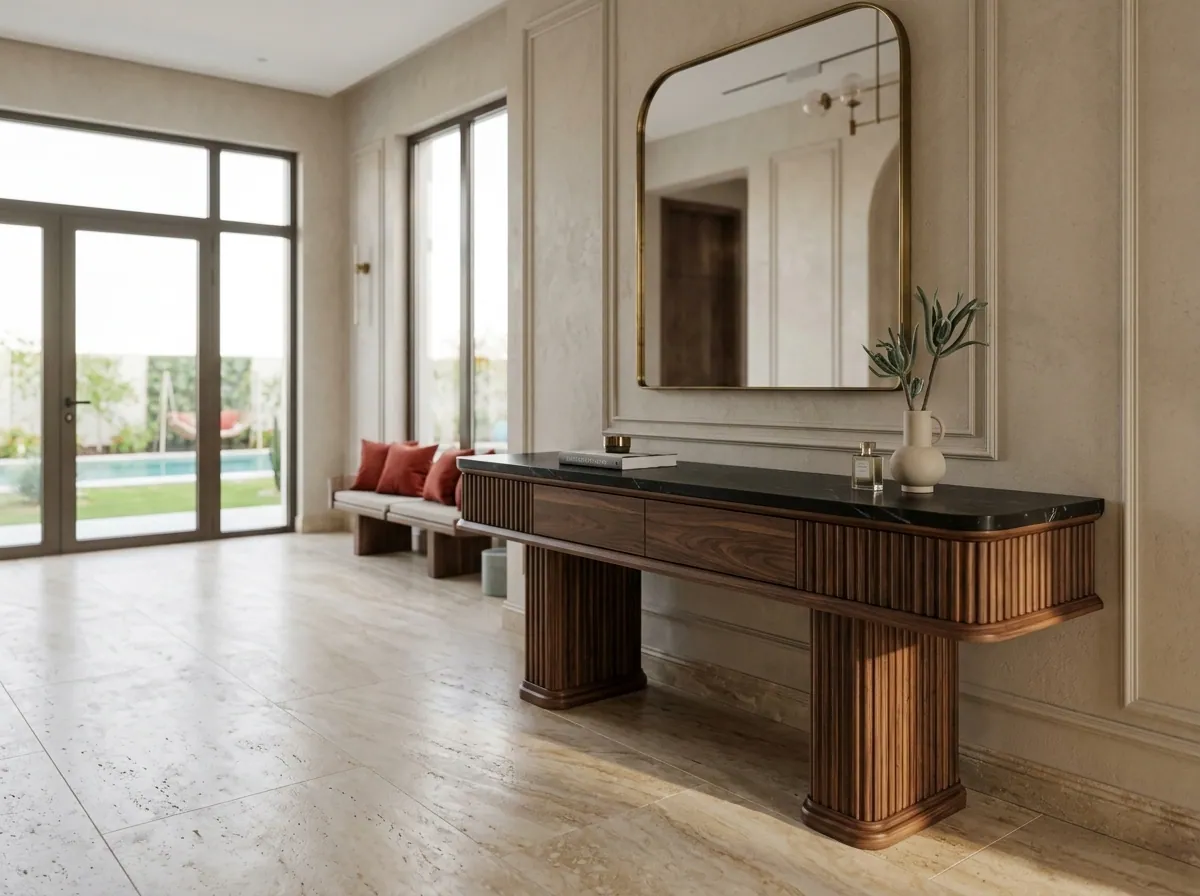 Fluted walnut console table beneath an arched mirror