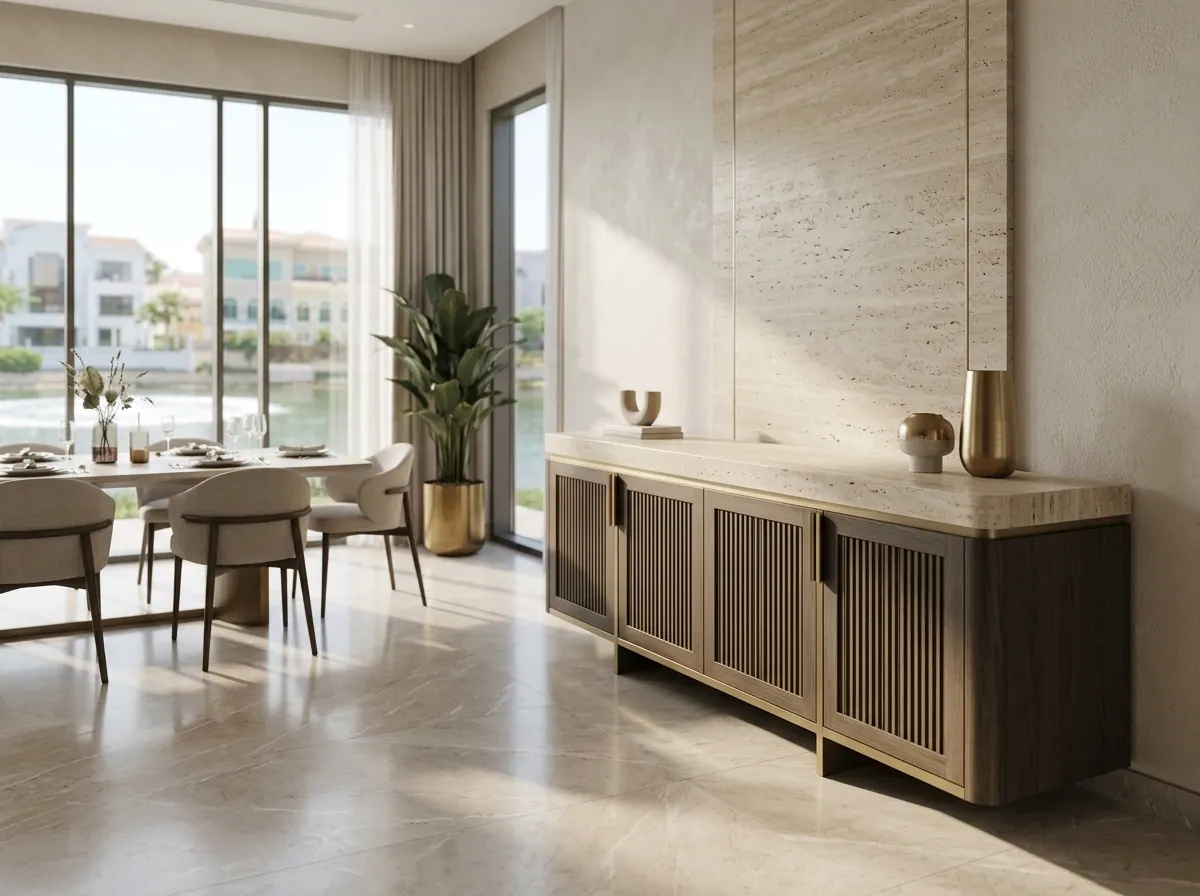 Slatted timber sideboard with stone top in a dining room