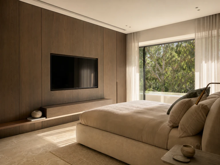 Walnut-panelled bedroom wall with wall-mounted TV and floating shelf