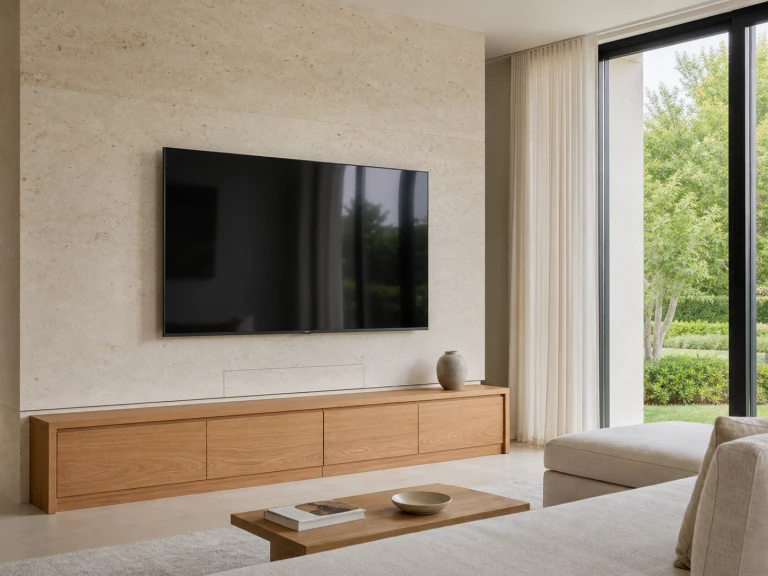 Wall-mounted TV above an oak media console with concealed wiring