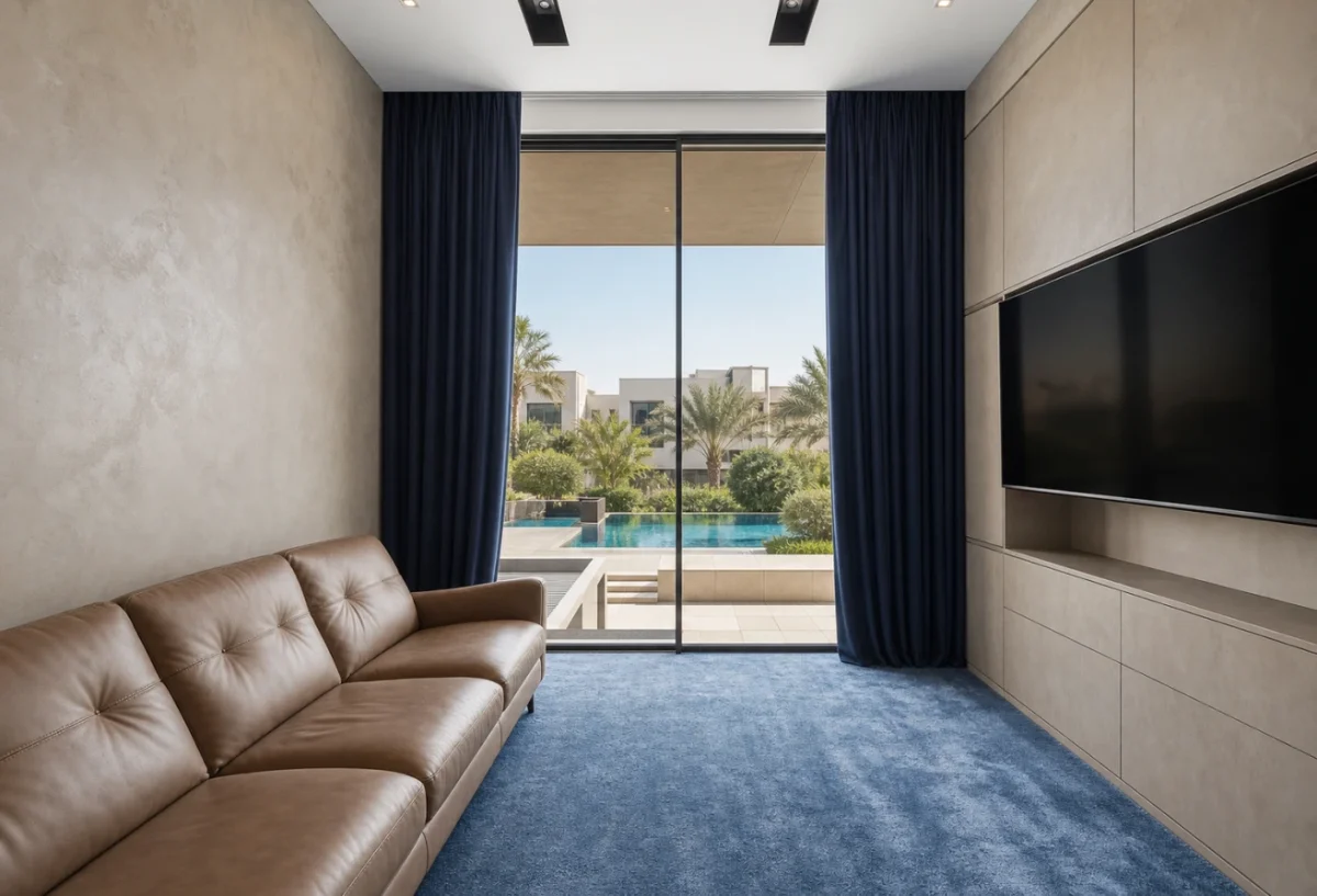 Villa media room with Marmorino plaster wall and integrated TV
