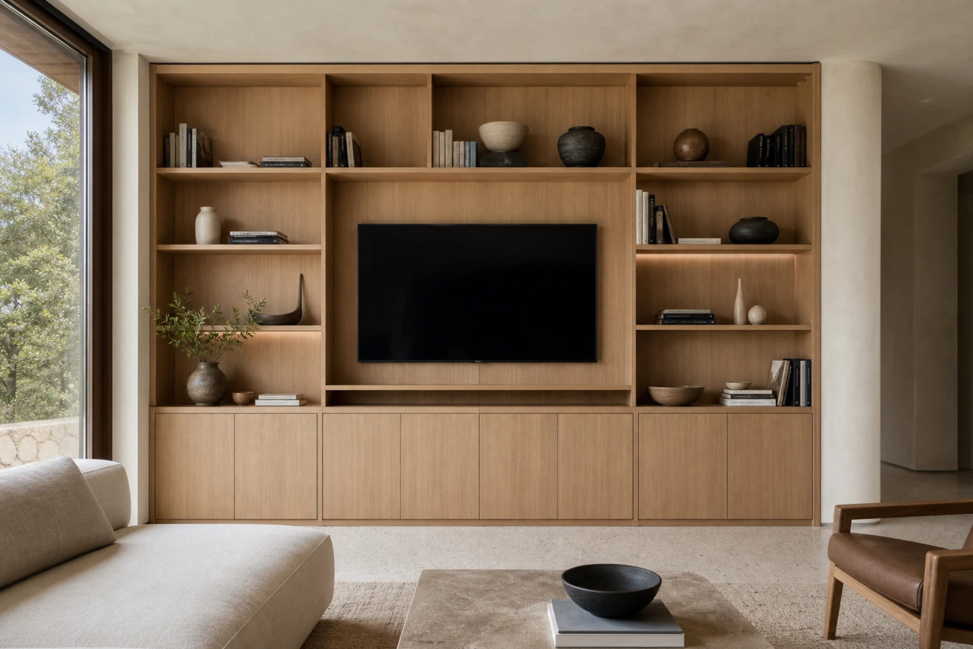 Oak TV wall with integrated shelving and lit niches