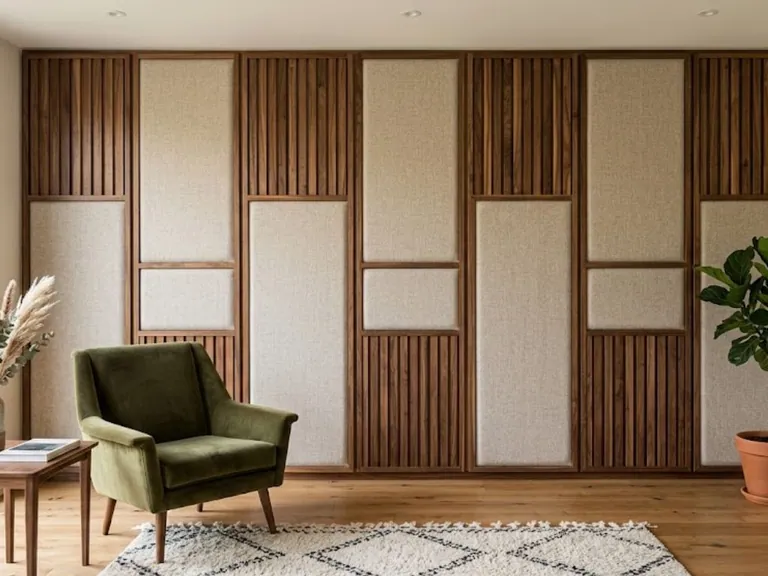 Walnut slatted wall with inset upholstered fabric panels