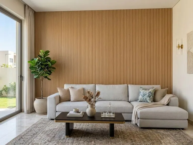 Fluted oak wall panelling behind a living room sofa