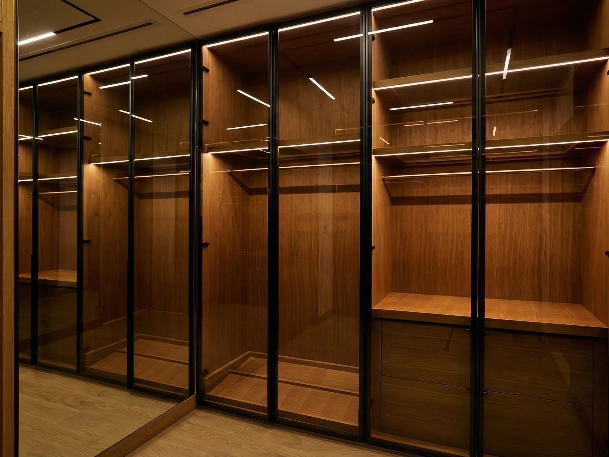 Walnut wardrobe interior with glass doors and LED-lit shelving