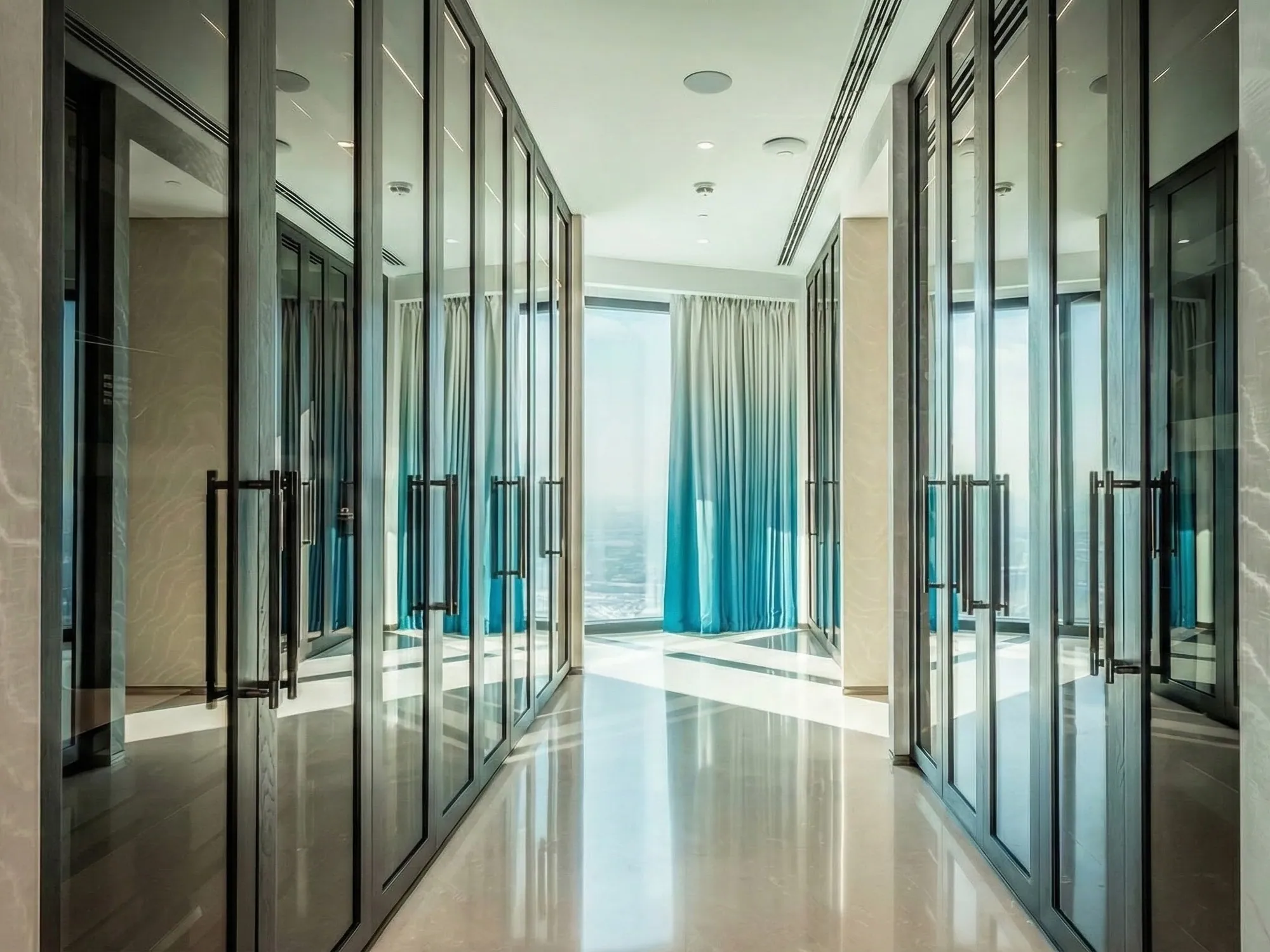 Black-framed glass-fronted wardrobes lining a bright dressing room