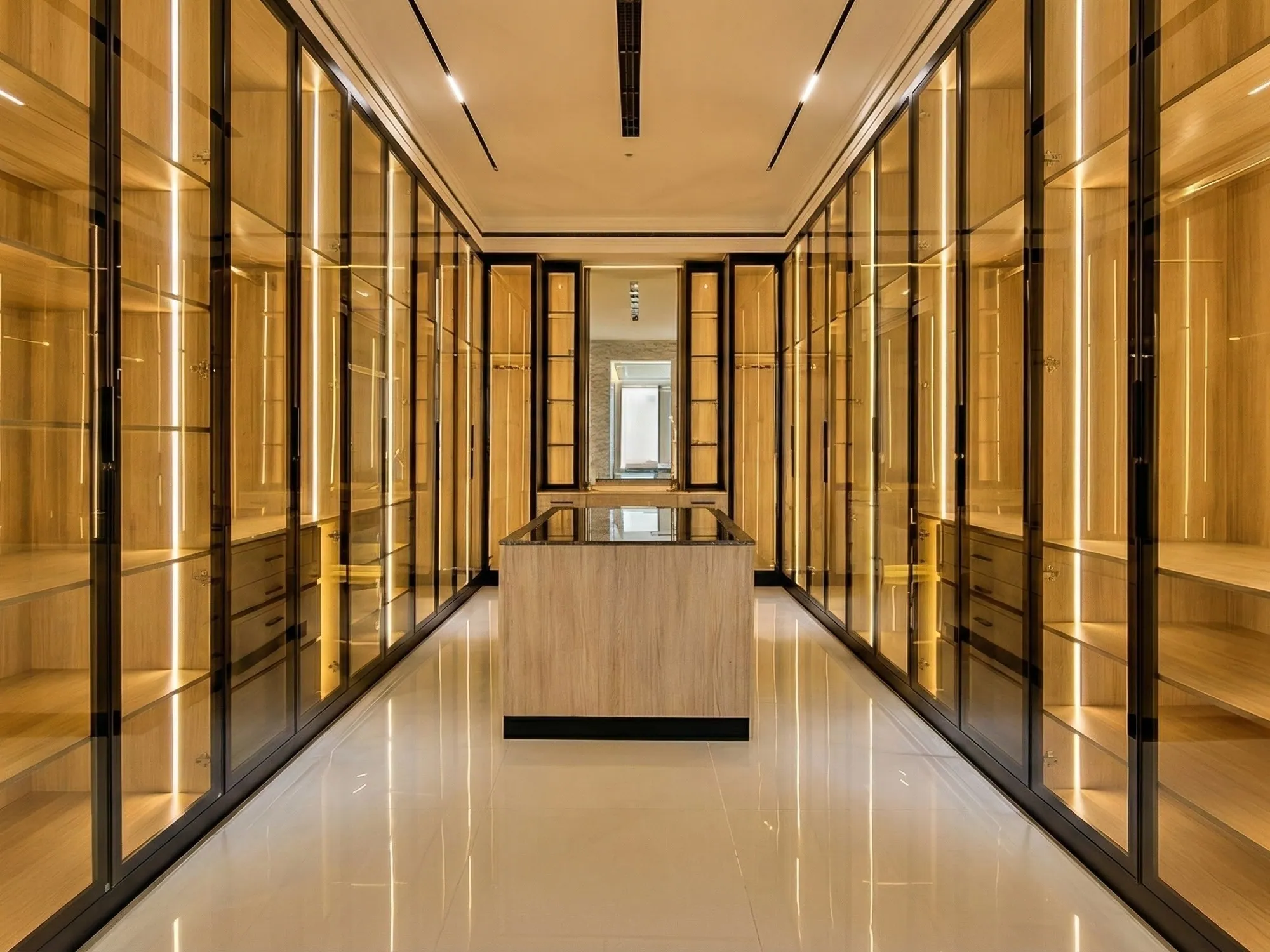 Walk-in wardrobe with lit glass cabinets and a central oak island
