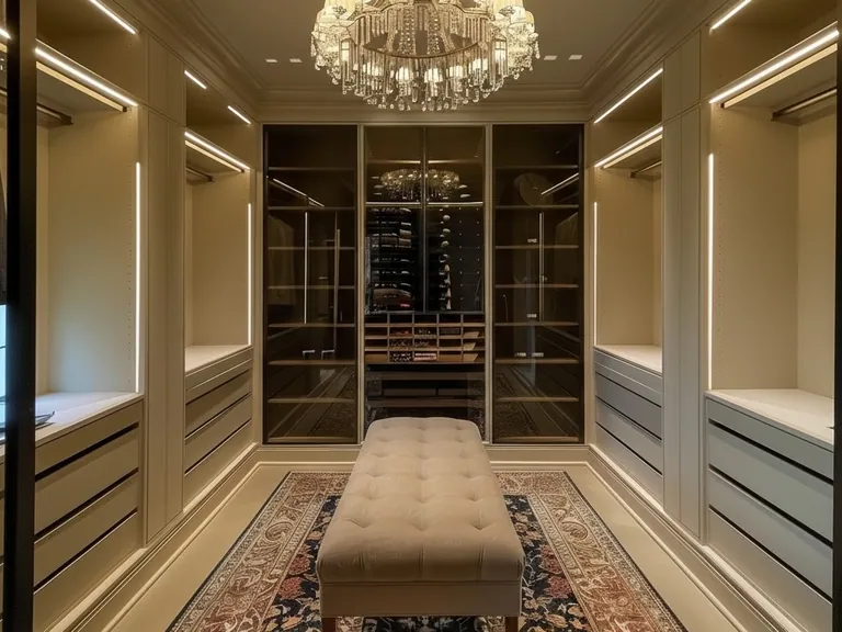 Cream walk-in dressing room with glass display cabinet, chandelier and ottoman