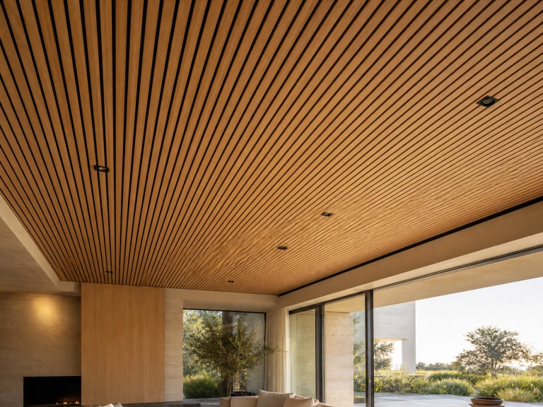 Slatted acoustic timber ceiling over a living room with garden views