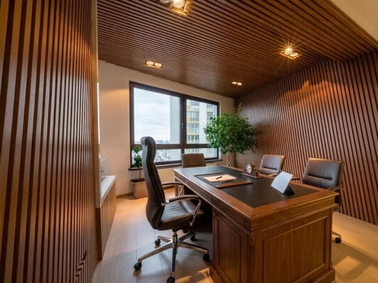 Grooved timber ceiling and slatted walls in a home office