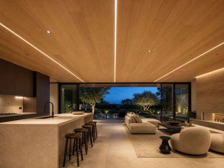 Oak ceiling with integrated linear lights over an open-plan kitchen